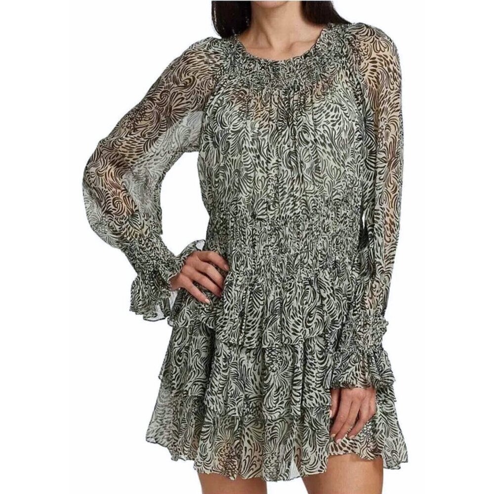 Cinq a Sept Chiffon Long Sleeve Ruffle Dress Green Black Womens 2 Boho Fairy